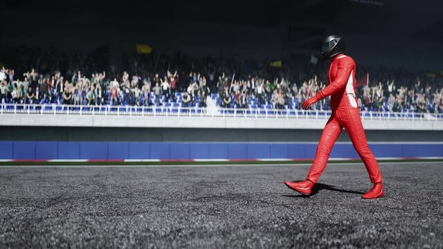The racer is walking on stadium. Realistic 4k animation.