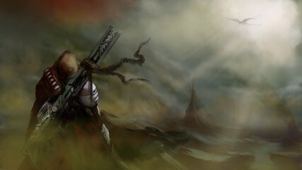 Cybernetic wanderer, with a sci-fi weapon, wandering through the scorched wasteland of post-apocalypse. 2D illustration