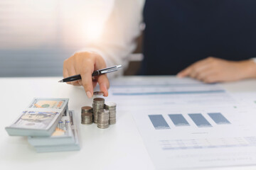 Woman Analysis Business Accounting working with Individual income tax return Accounting concept.