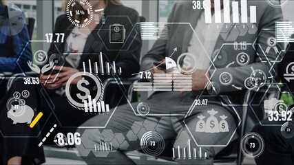 Finance and Money Transaction Technology conceptual . Icon Graphic interface showing fintech trade exchange, profit statistics analysis and market analyst service in modern computer application.