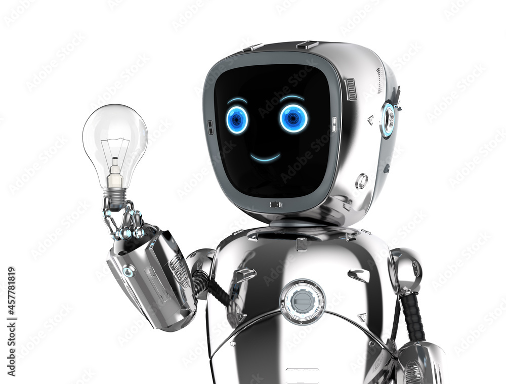 Poster cyborg or robot assistant with idea light bulb