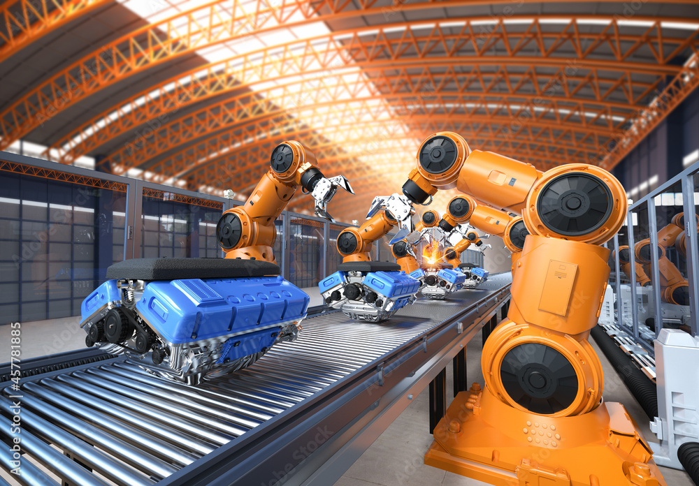Poster robot assembly line with car engine or machine
