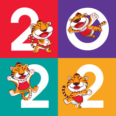 Fototapeta premium Happy Chinese New Year 2022 with a group of cartoon tigers hanging around big 2022 colourful background