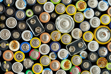 Close up top view of used battery. lot of AA batteries. Electronic hazardous waste, recycling...