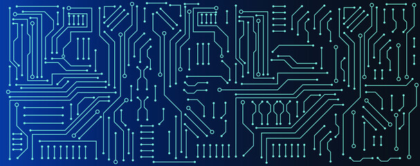 circuit board electronic or electrical line on blue engineering technology concept vector panorama background