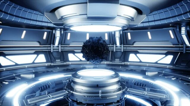 Black antimatter in sci fi futuristic metall room. Future concept. Realistic 4k animation.