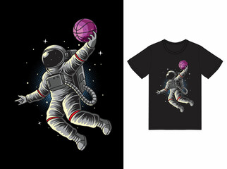 Astronaut basketball slam dunk in space illustration with tshirt design premium vector