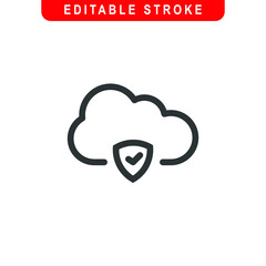 Cloud With Shield Outline Icon. Cloud with Good Protection Line Art Logo. Vector Illustration. Isolated on White Background. Editable Stroke