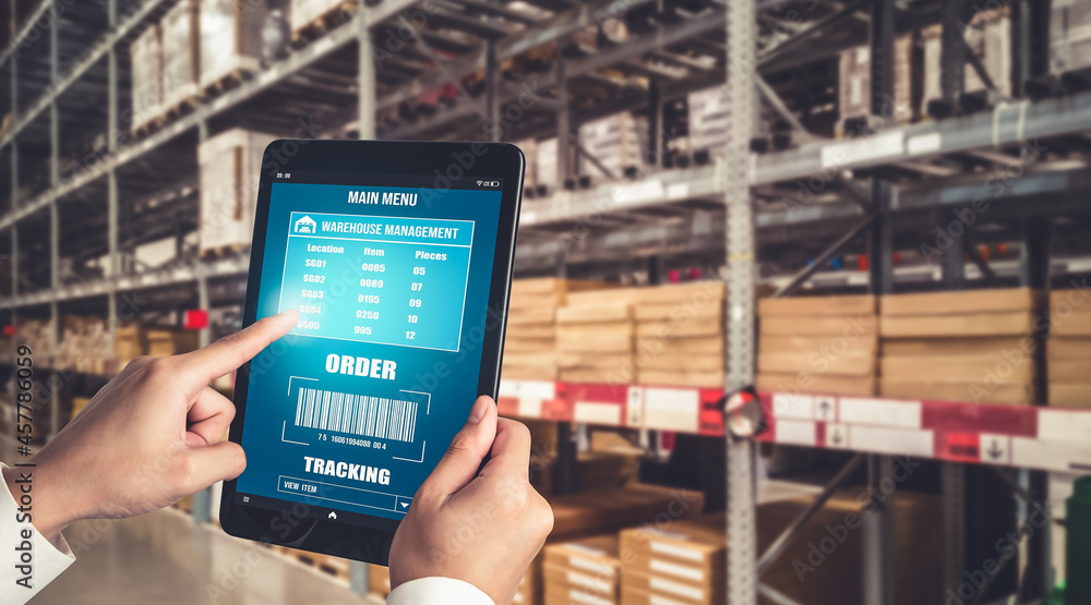 Poster warehouse management innovative software in computer for real time monitoring of goods package deliv