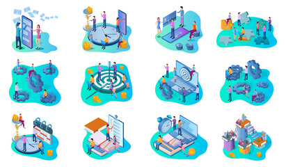 Social networks,cash payments,CEO promotion,office work, team, targeting.A set of isometric icons vector illustrations on the topic of business and technology.