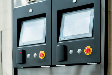 close up automatic car parking monitor screen machine station with button and card scan for activate woring process