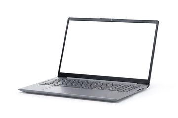 Fototapeta premium Slim modern laptop computer with blank screen isolated on white background. Silver Grey color. Clipping path.