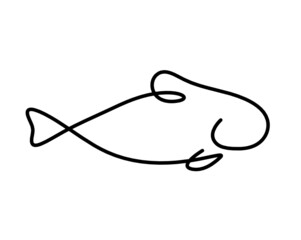Black silhouette of fish as line drawing on white background. Vector