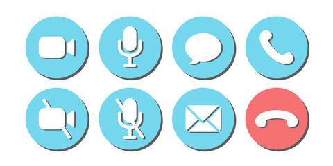 Virtual hangouts icons for conference call. Shadowed on and off video, sound, message, mail and call icons isolated on white background. Flat vector illustration