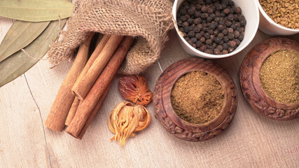 Dry coriander seeds with small bamboo spoon and green fresh bunch coriander leaves,famous spices ingredients in asia's kitchen.