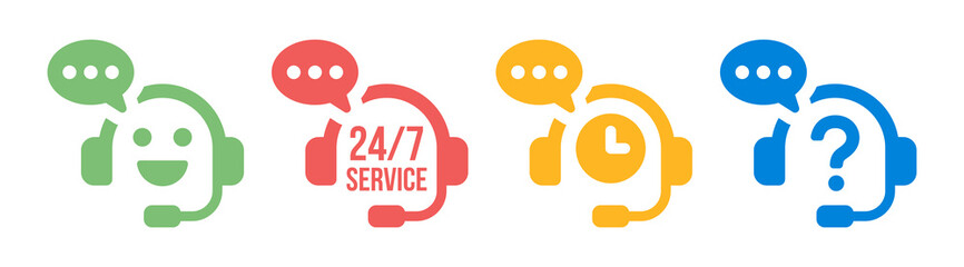 Support service icons set. Customer support symbol. Call center concept. Vector illustration - obrazy, fototapety, plakaty
