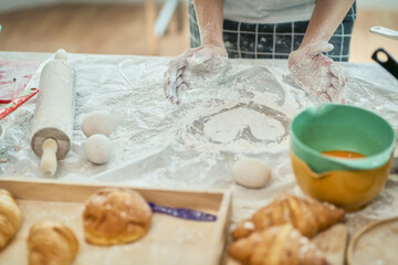Bakery bread flour preparing for cooking in kitchen by chef , bakery online class