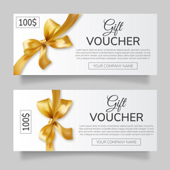 A set of gift vouchers with a gold bow and ribbon on a white background with a place for your text.  - obrazy, fototapety, plakaty