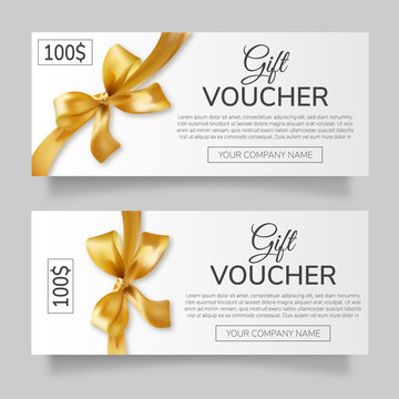 A set of gift vouchers with a gold bow and ribbon on a white background with a place for your text. 
