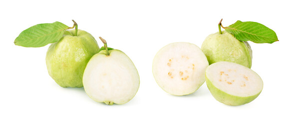 Guava fruit with leaf isolated on white background