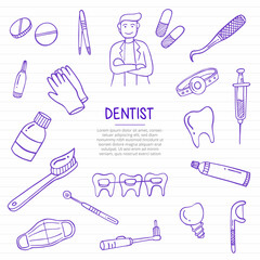 dentist job or jobs profession doodle hand drawn with outline style on paper books line