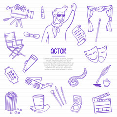 actor job or jobs profession doodle hand drawn with outline style on paper books line