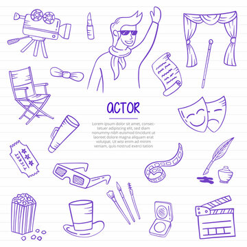 actor job or jobs profession doodle hand drawn with outline style on paper books line