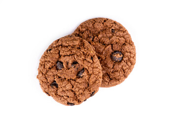 Delicious tasty snack of brown cookies with chocolate chip isolated on white background