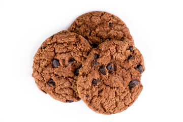 Delicious tasty snack of brown cookies with chocolate chip isolated on white background