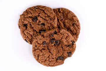 Delicious tasty snack of brown cookies with chocolate chip isolated on white background