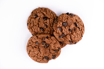 Delicious tasty snack of brown cookies with chocolate chip isolated on white background