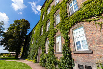 Wawel Cathedral is covered with plants against the backdrop of beautiful summer skies