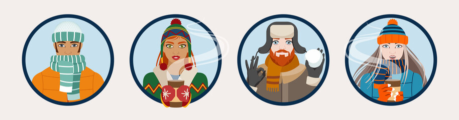 A set of different avatars of young people dressed in winter clothes. Cold winter. Flat vector illustration.