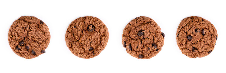 Delicious tasty snack of brown cookies with chocolate chip isolated on white background