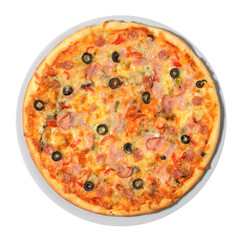 Fresh pizza isolated on white background. Original italian classic delicious pizza. Menu italin food traditional cuisine