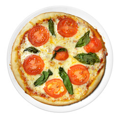 Pizza Margherita isolated on white background. Fresh italian pizza Margarita with Tomatoes, Basil and Mozzarella Cheese