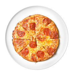 Pizza pepperoni isolated on white background. Tasty italian classic original pepperoni pizza with Mozzarella cheese, salami, Tomato sauce, pepper, spices