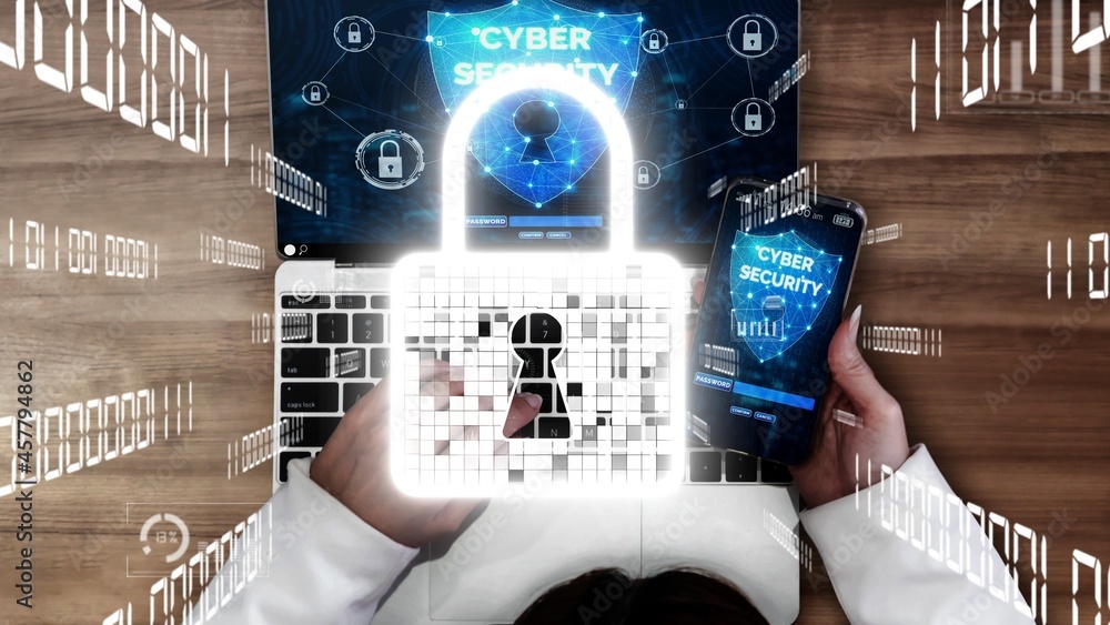 Poster cyber security and digital data protection conceptual . graphic interface showing secure firewall te