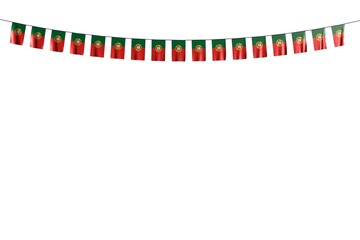 Obraz premium pretty many Portugal flags or banners hanging on string isolated on white - any holiday flag 3d illustration..