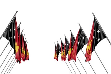 wonderful many Papua New Guinea flags hanging on diagonal poles from left and right sides isolated on white - any feast flag 3d illustration..