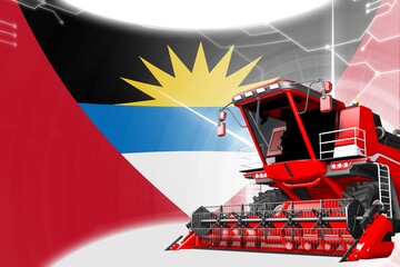 Obraz na płótnie Canvas Agriculture innovation concept, red advanced rural combine harvester on Antigua and Barbuda flag - digital industrial 3D illustration