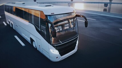3d model touristic passenger bus on highway. Very fast driving. Tourism concept. Realistic 4k animation.