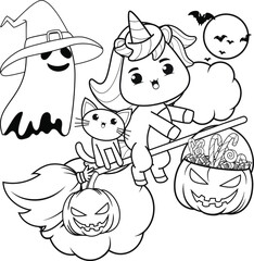 Halloween coloring book with cute unicorn