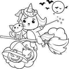 Halloween coloring book with cute unicorn