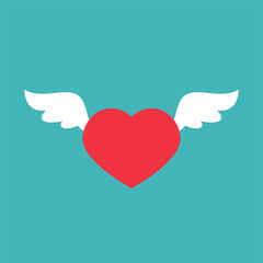 Red heart with white wings isolated on blue background. Love, romance, date icon.