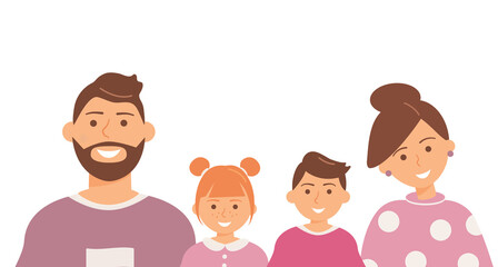 Happy cute family portrait of parents and kids: father, mother, son and daughter isolated on the white background. Family of four members. Modern flat cartoon colorful raster illustration