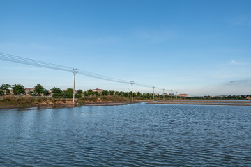 Fototapeta premium Aquaculture farms and saline alkali land by the sea under the blue sky