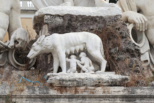 Rome Fountain Detail with a Statue of a Breastfeeding She-Wolf at Piazza del Popolo, Italy