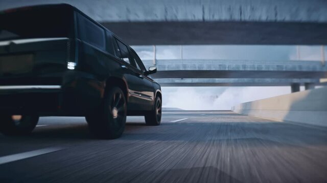 3d model luxury black car on highway. Very fast driving. Realistic 4k animation.