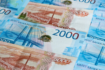 Russian rubles money background. Bills of 2000 and 5000 rubles. Business and finance concept.